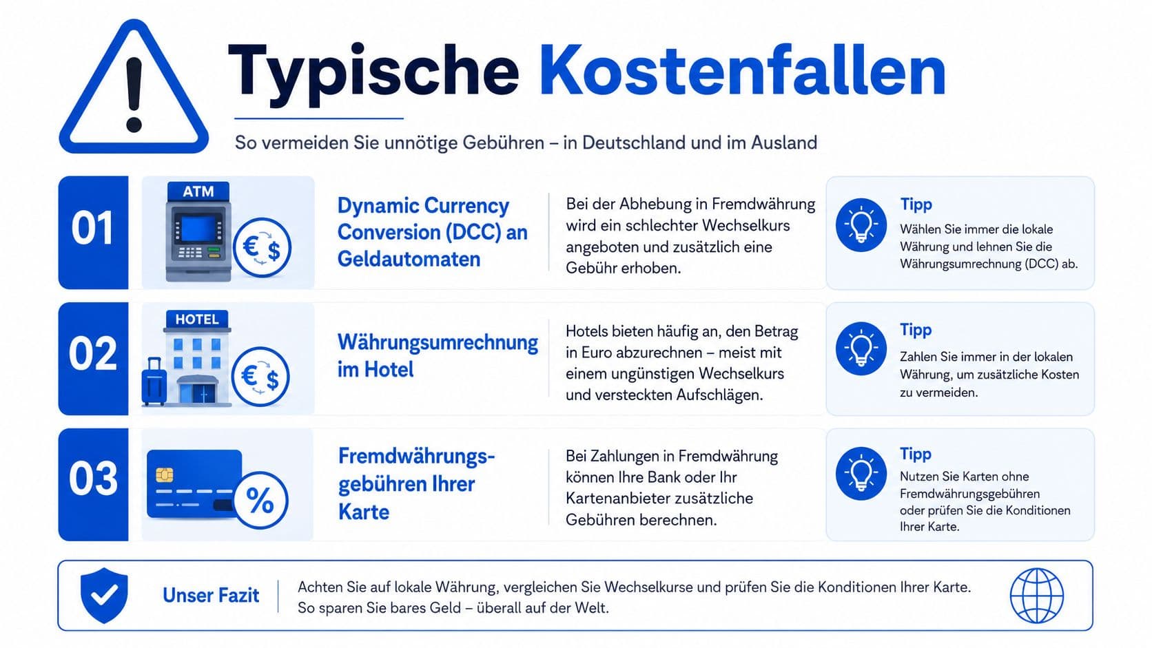 Infografik mit Tipps zur Vermeidung unnötiger Gebühren bei Währungsumrechnung und Abhebungen