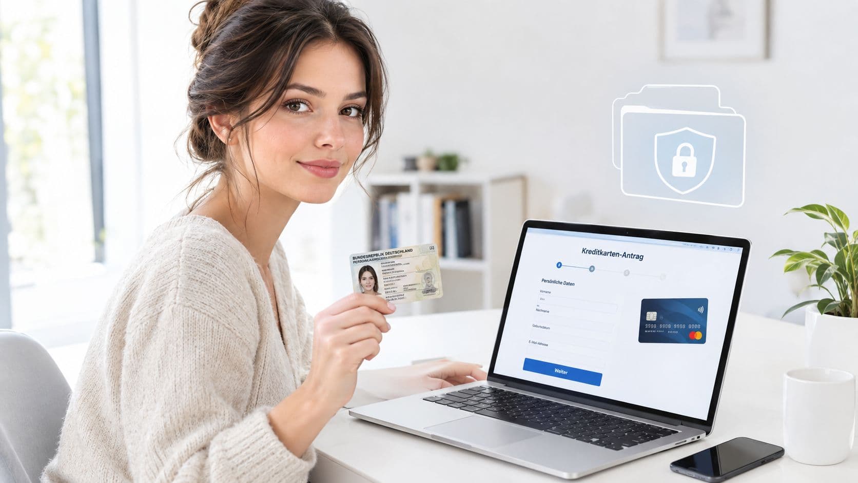 Person füllt online einen Kreditkartenantrag aus und hält den Personalausweis bereit