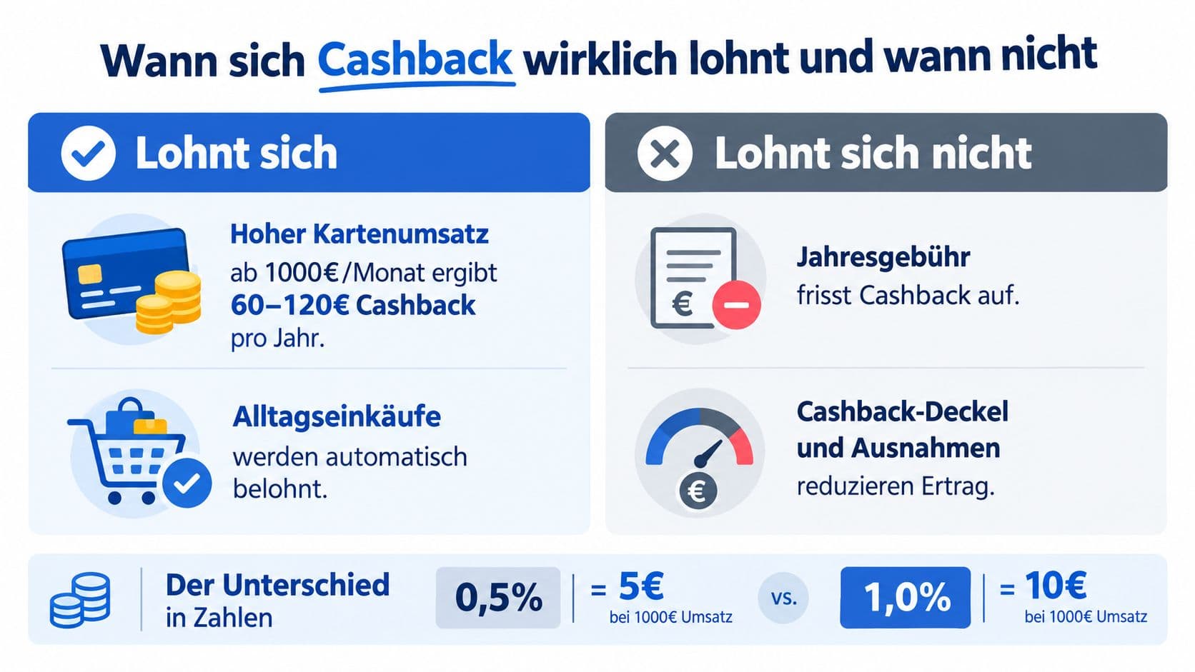 Infografik dazu, wann sich Kreditkarten mit Cashback lohnen und welche Faktoren den Ertrag beeinflussen