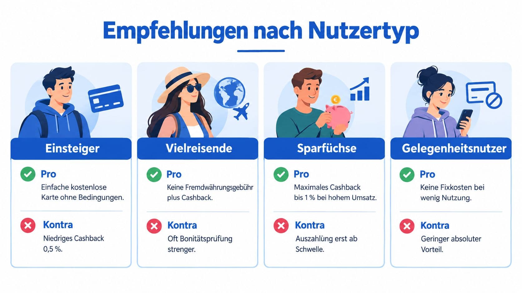 Infografik mit Empfehlungen für Cashback-Kreditkarten nach Nutzertypen