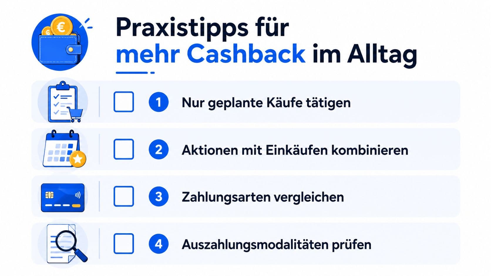 Infografik mit vier Praxistipps für mehr Cashback im Alltag