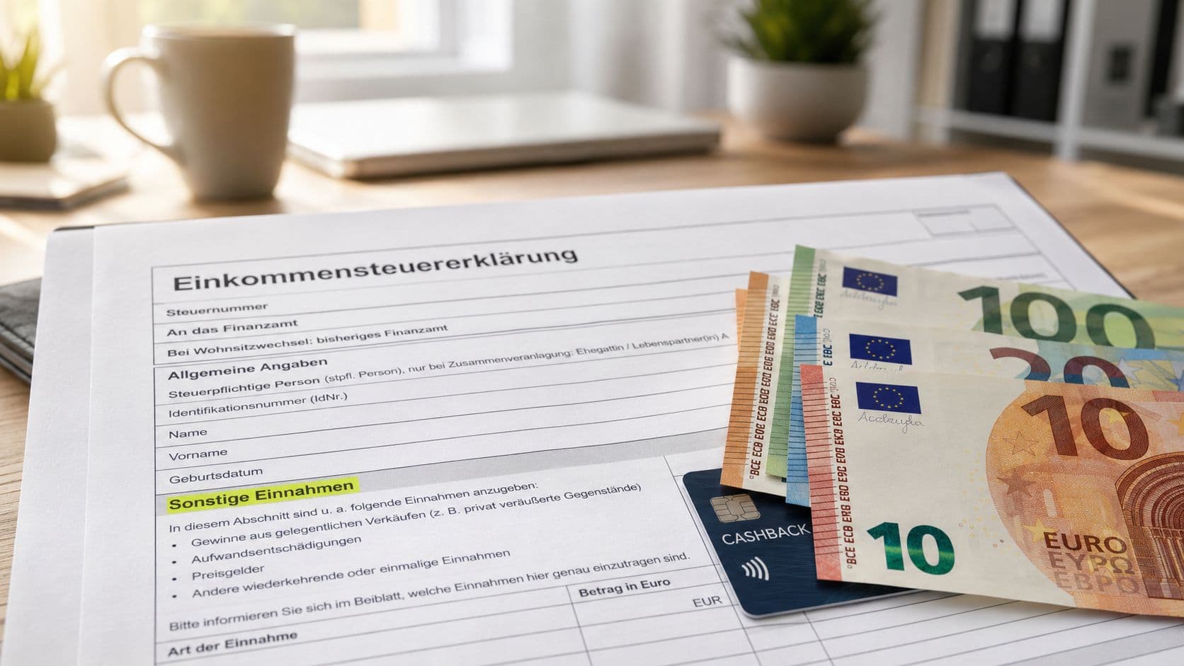 Steuererklärungsformular mit Geldscheinen und einer Cashback-Kreditkarte