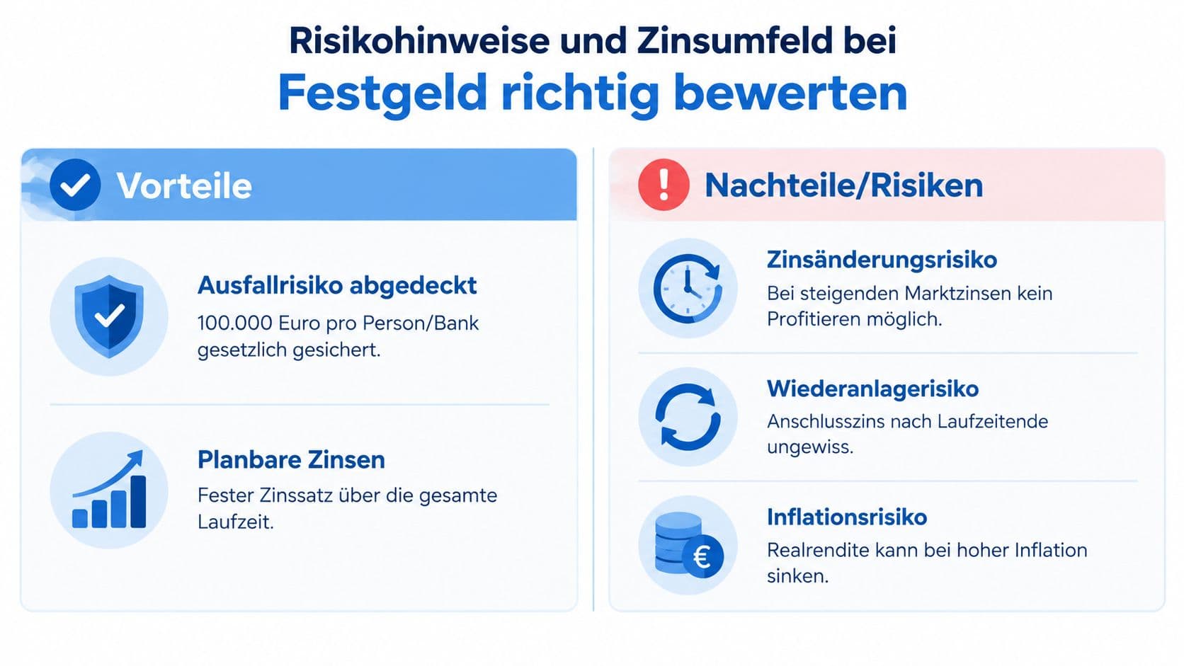Übersichtsgrafik zu Vor- und Nachteilen von Festgeldanlagen inklusive Zinsänderungsrisiko
