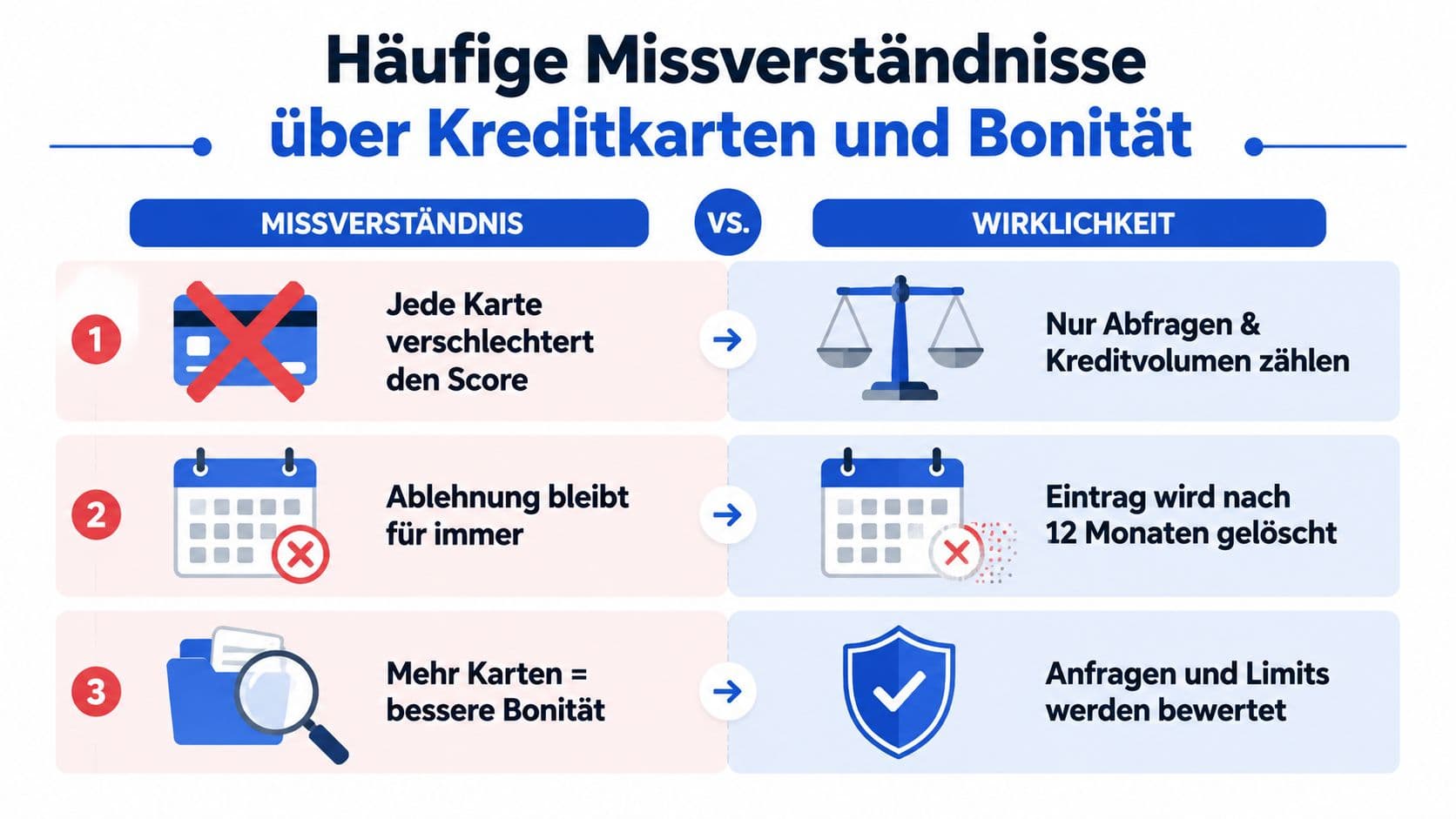 Infografik mit drei verbreiteten Irrtümern über Kreditkarten und ihre Wirkung auf die Bonität