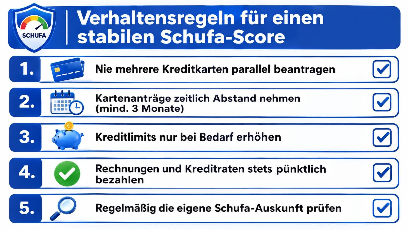 Grafik mit fünf Tipps für einen stabilen Schufa-Score im Umgang mit Kreditkarten