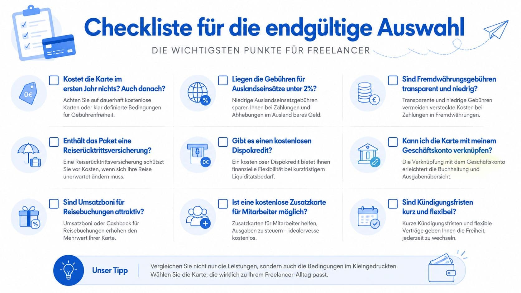 Strukturierte Checkliste zur Auswahl der passenden Kreditkarte für Freelancer
