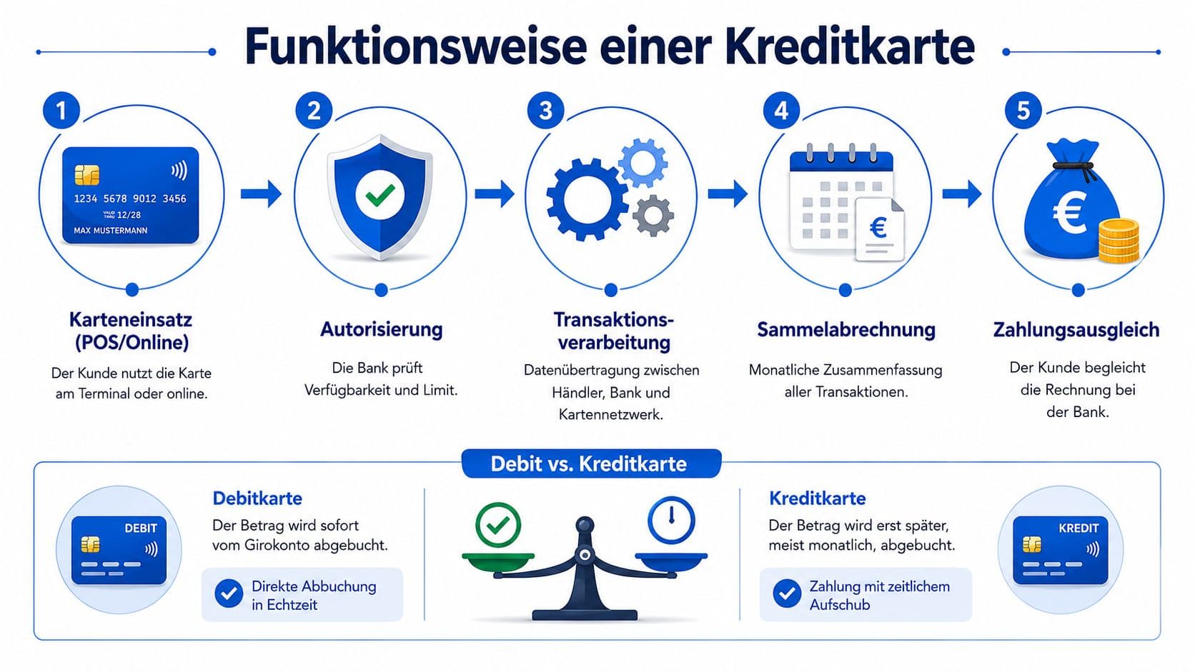 Infografik zur Funktionsweise einer Kreditkarte in fünf Schritten mit Vergleich zur Debitkarte