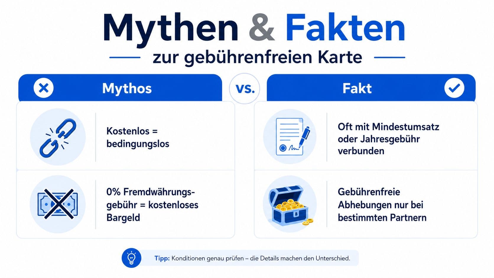 Vergleichsgrafik zwischen Mythen und Fakten zur gebührenfreien Kreditkarte