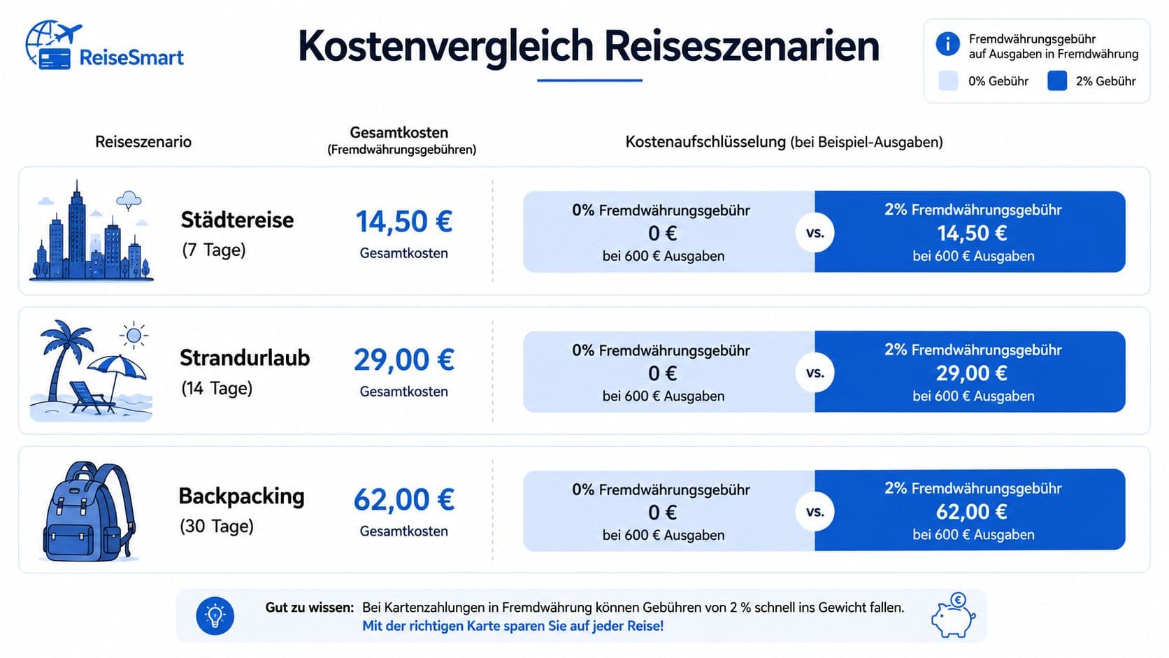 Vergleich der Fremdwährungsgebühren für verschiedene Reiseszenarien