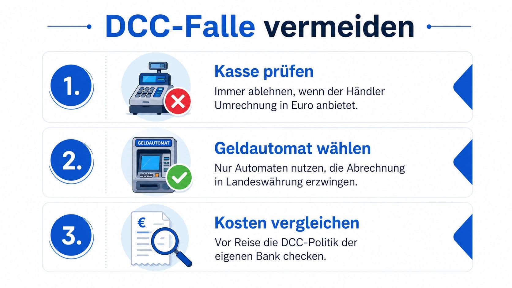 Infografik mit drei Tipps zur Vermeidung der Euro-Umrechnung bei Kartenzahlungen im Ausland