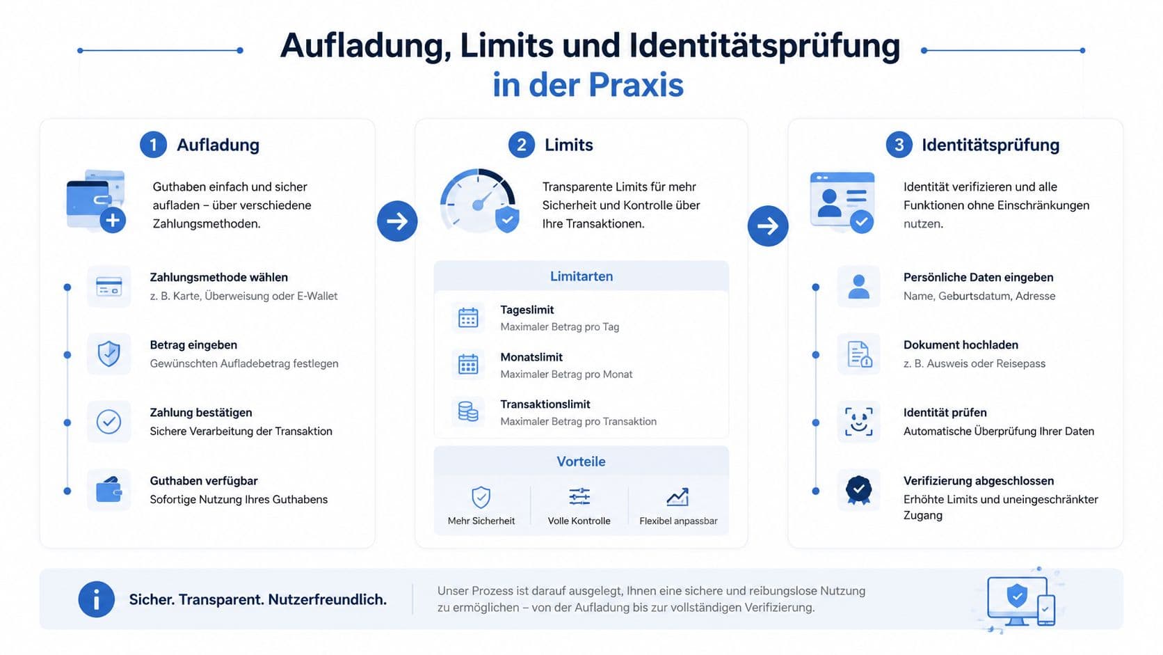 Infografik zu Aufladung, Limits und Identitätsprüfung bei einer Prepaid-Karte