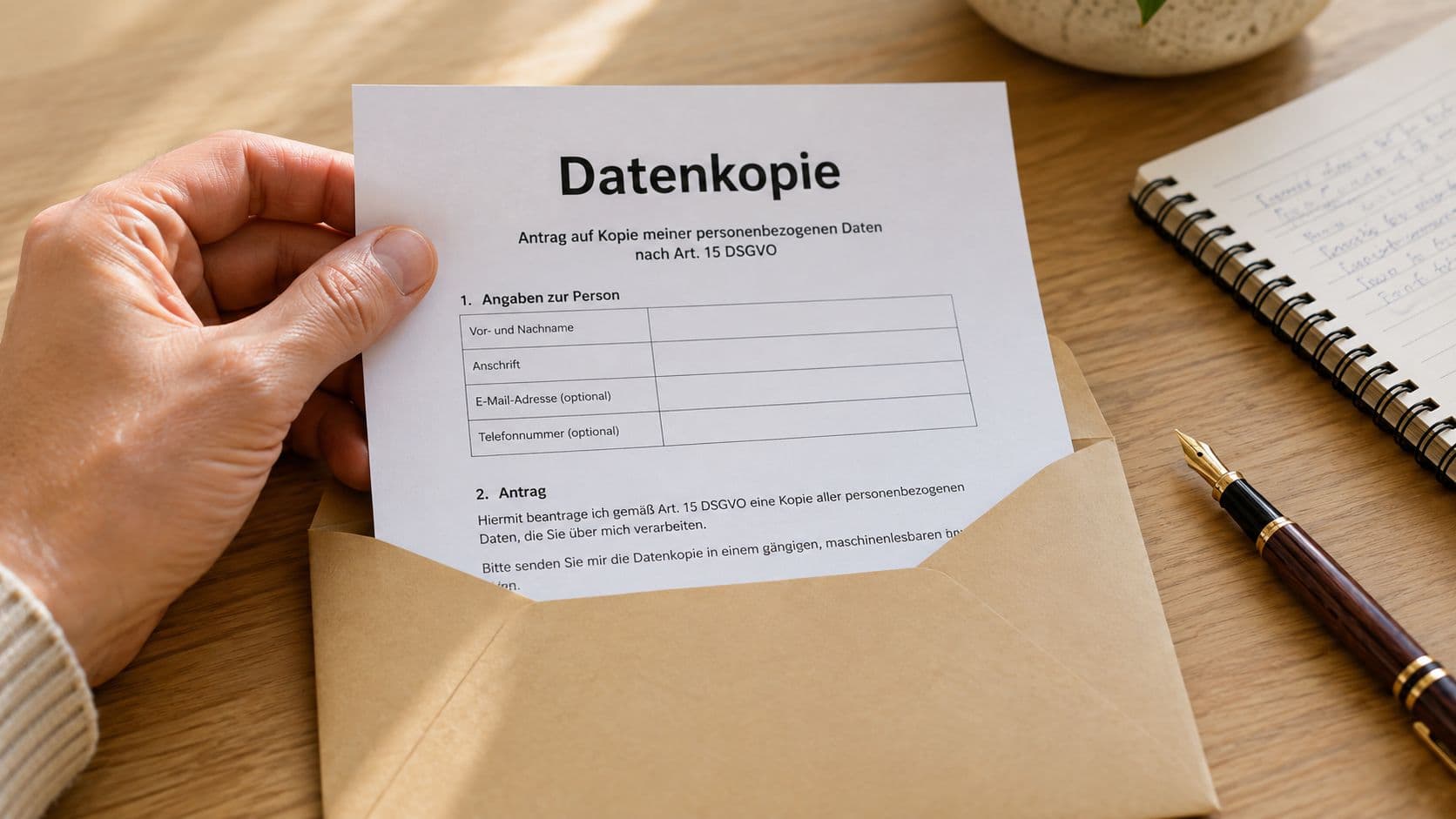 Antrag auf Datenkopie nach DS-GVO neben einem Briefumschlag und einem Notizbuch