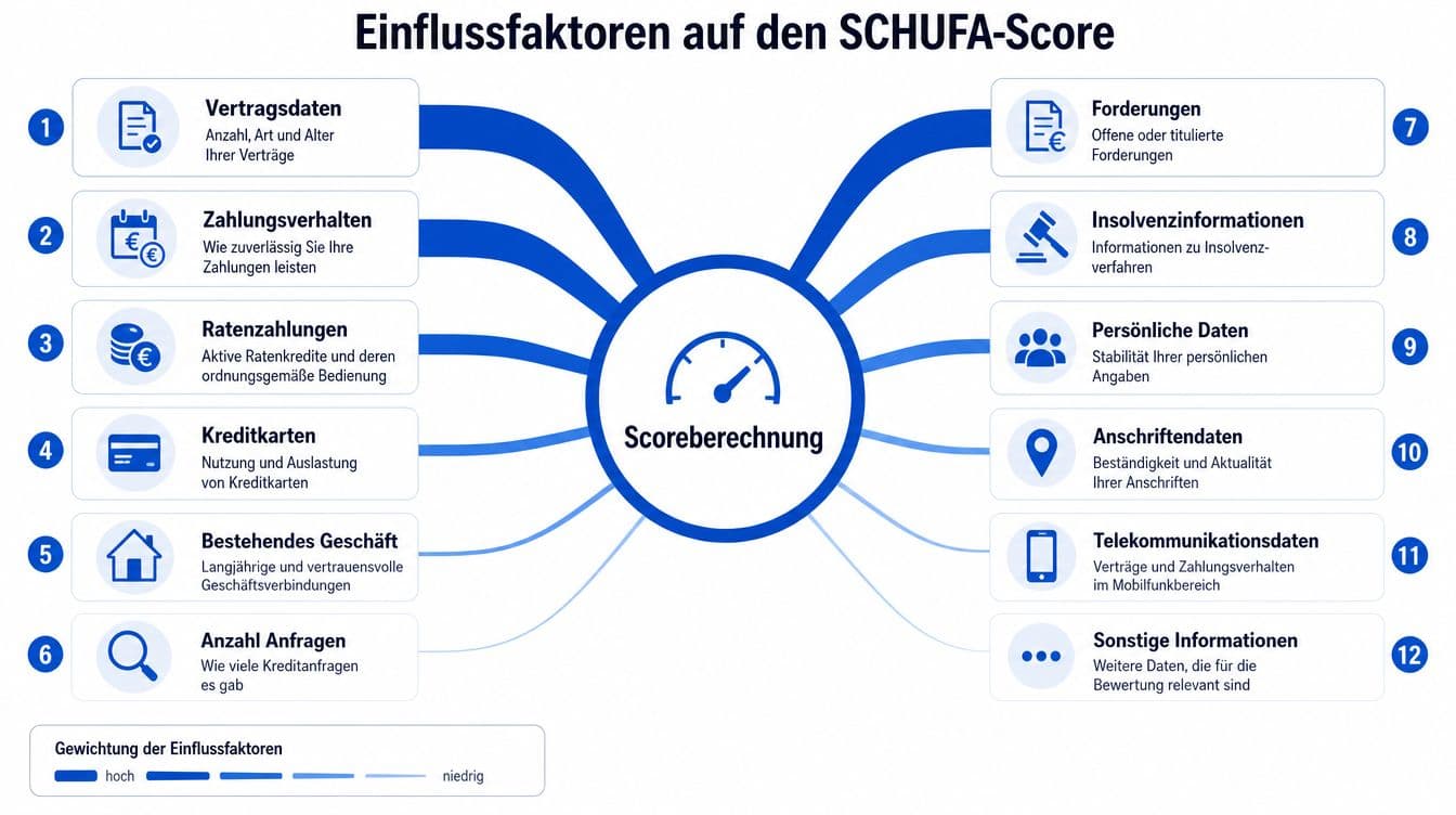 Infografik zu den zwölf Faktoren, die den Schufa-Score bestimmen