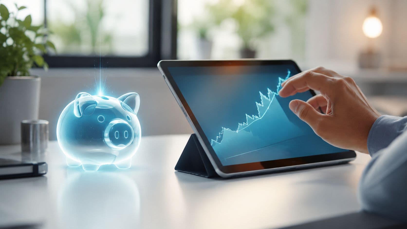 Person betrachtet auf einem Tablet eine Finanzübersicht neben einem digitalen Sparschwein