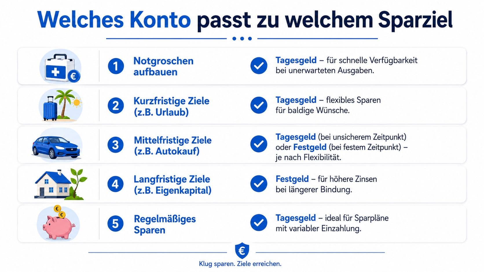 Infografik zur Wahl des passenden Kontos für unterschiedliche Sparziele