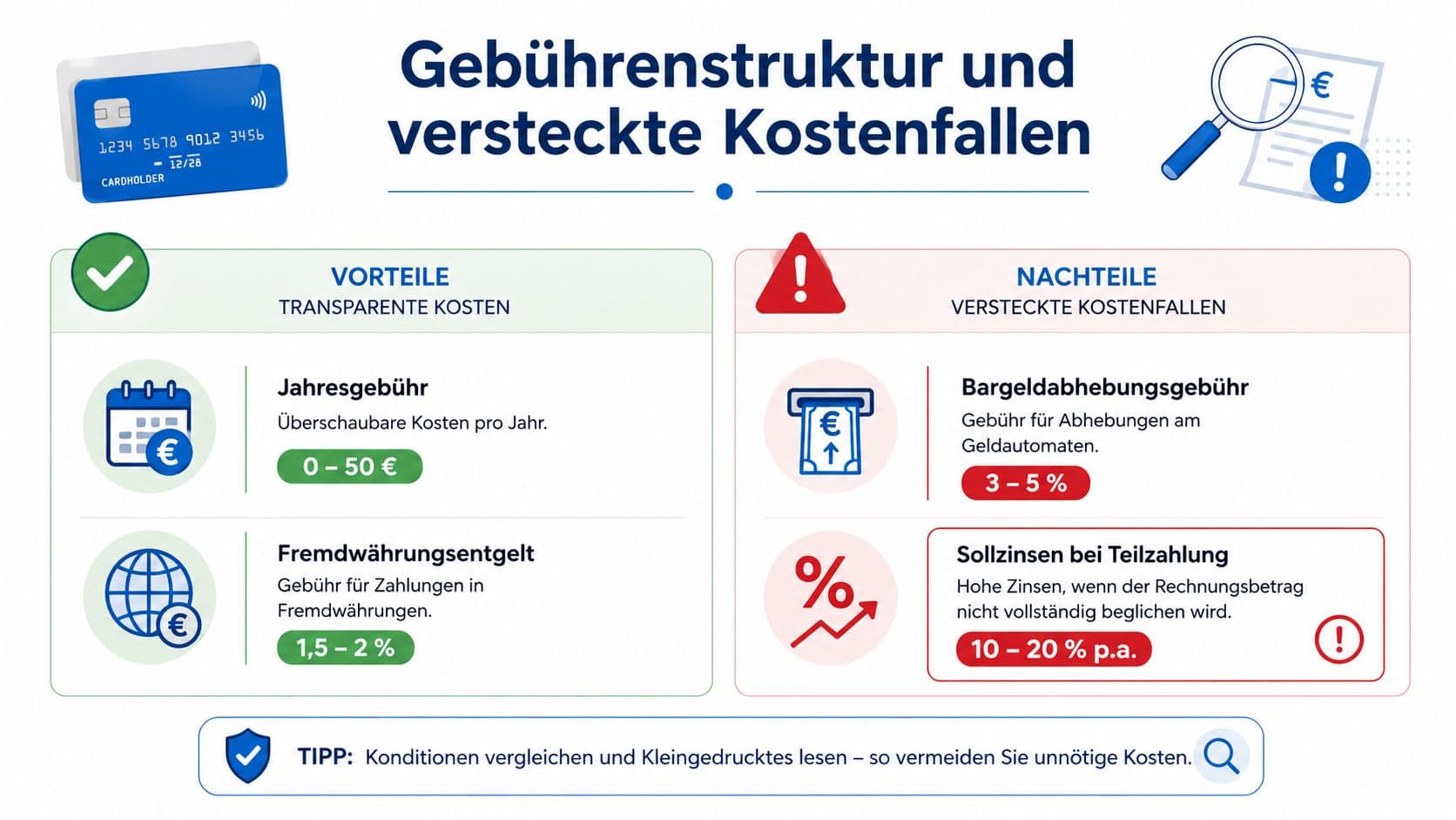 Infografik zu Kreditkartengebühren mit Gegenüberstellung von Jahresgebühr und versteckten Kosten